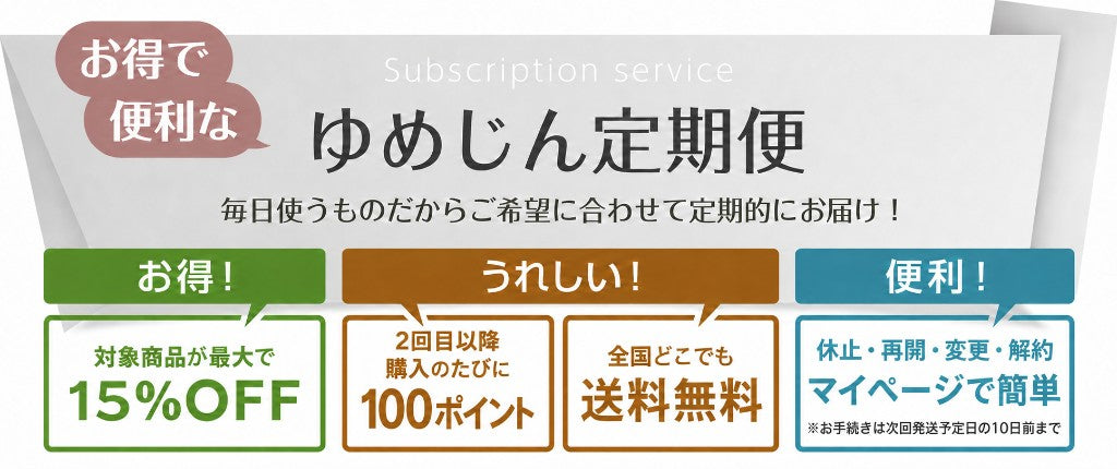 ゆめじん定期便の特典。最大15%OFF、2回目以降購入のたびに100ポイント、送料無料。変更はマイページから次回発送の10日前まで